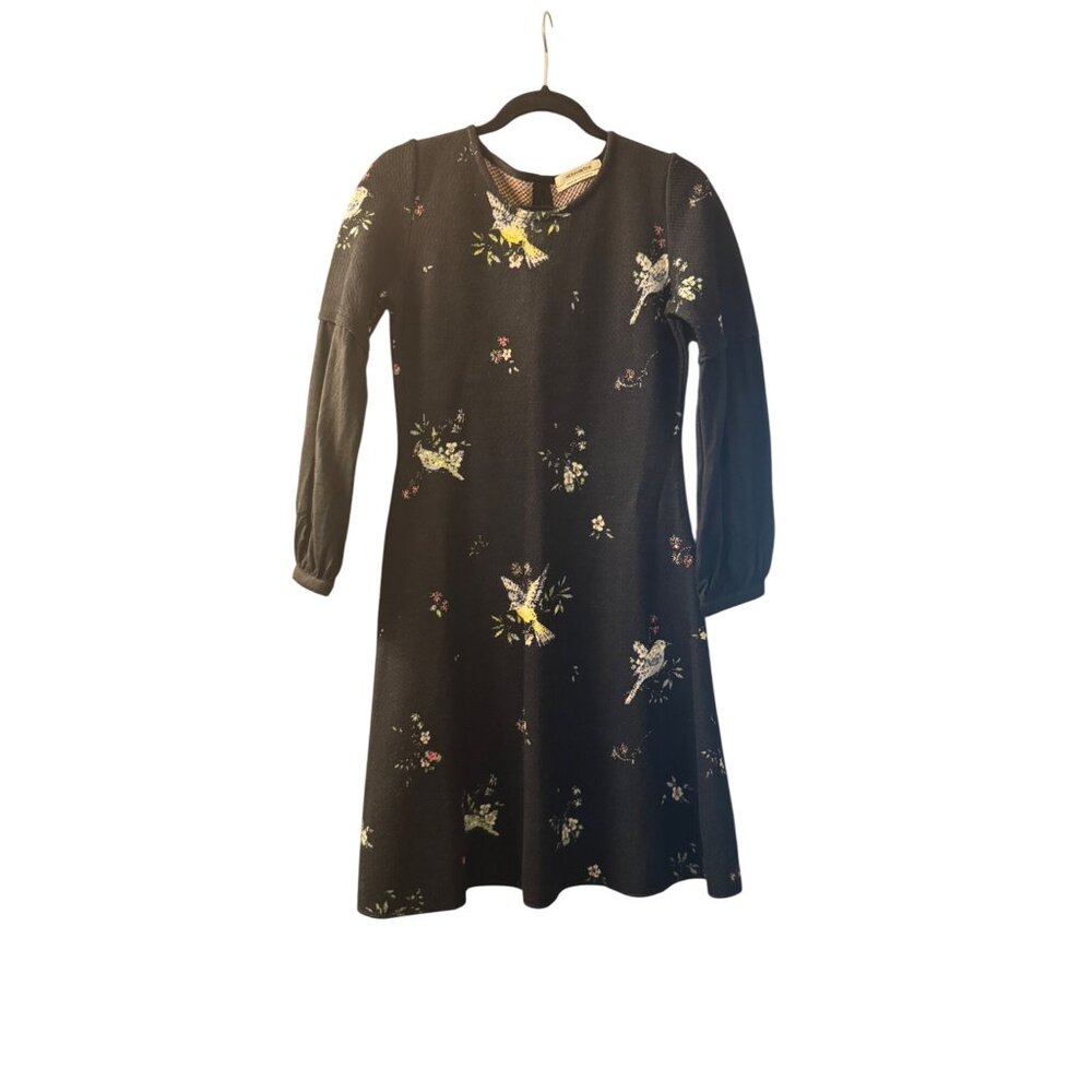 Aldomartins Black Floral Knit Dress With Bird Design & Long Sleeves